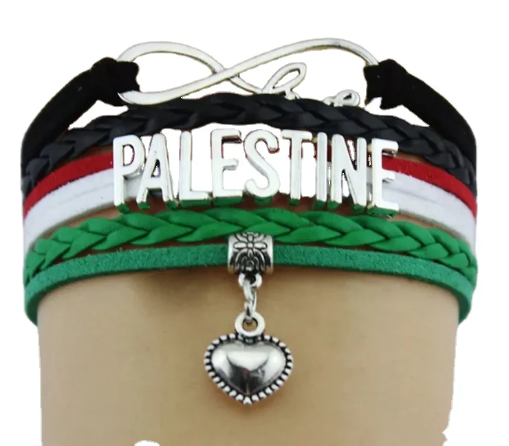 Custom OEM handmade woven leather heart charms country palestine bracelet