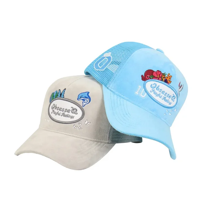 Wholesale Custom Quality Oval Patch Black Velvet Snapback Trucker Hats Mesh Caps