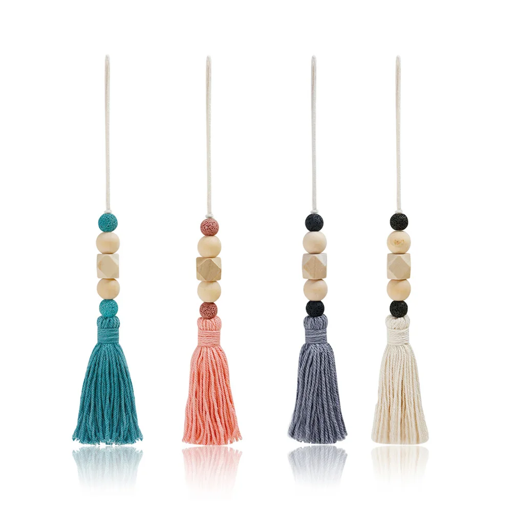 Wood Bead Tassel Car Mirror Accessory Lava Stone Essential Oil Diffuser Car Charm Hanging Mirror Accessory