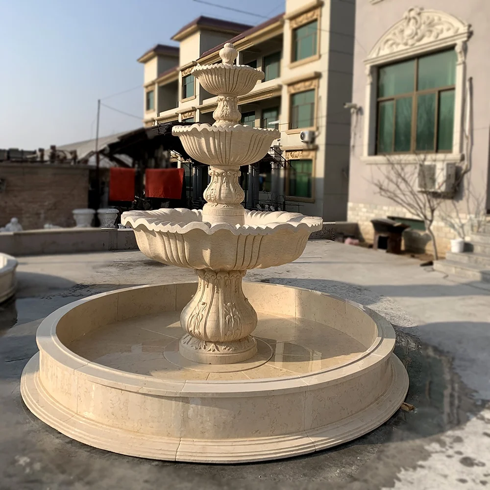 Outdoor Garden Hand Carved Beige Travertine Marble Lions Head Water Fountains For Sale