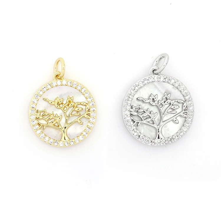 Brass Gold Plated With Shell Life Tree Round Charm For Necklace Making