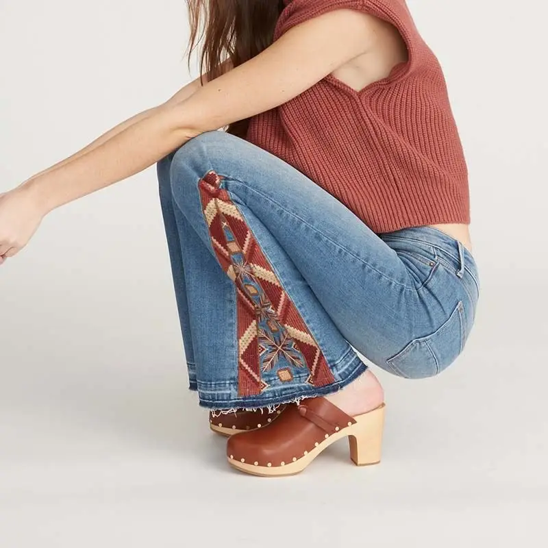 new design high waisted quality denim distressed blue color baggy bellbottom flared   custom women embroidery jeans