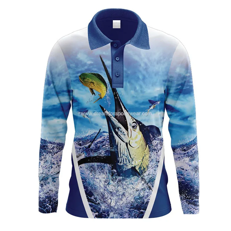 Custom sublimation fishing shirts button long sleeve  summer  UPF50+ youth fishing polo t-shirt wholesale