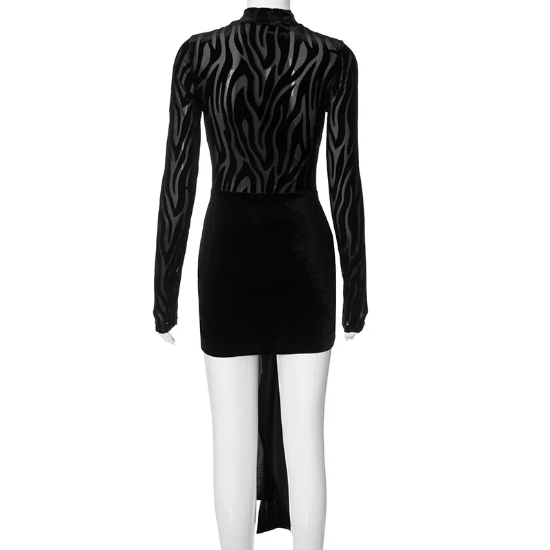D23ds241 Autumn Winter 2024 New Zebra Striped Patchwork Mesh O-neck Long Sleeve Sexy Mini Dress Bodycon Clothes For Women