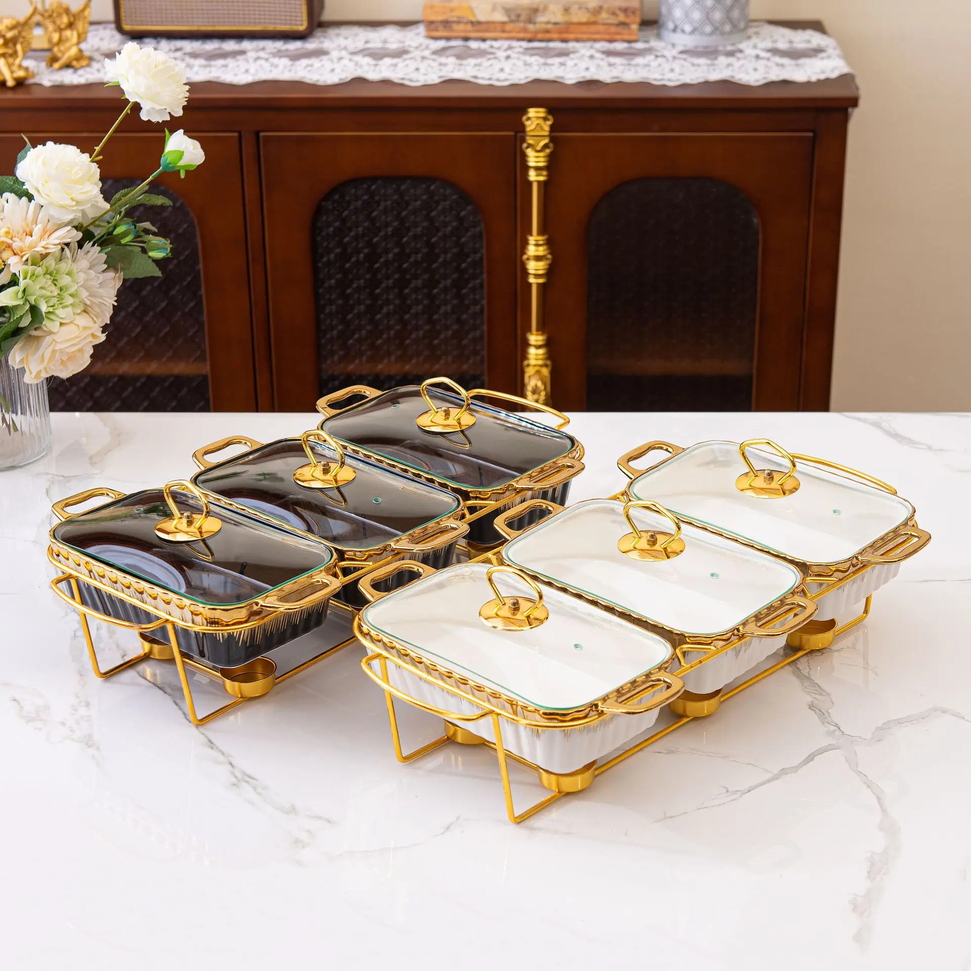 Hot Household 3 Piece Ceramic Baking Pan Set Cutlery Heated Stockpot Two Ears Food Warmer Griddles Grill Roasting With Rack