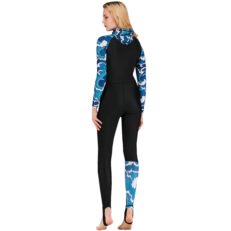 Women Full Body Stinger Suit Sun Protection Chlorine Resistant UPF 50+ Printed Swimsuit One Piece Swimwear with Hood