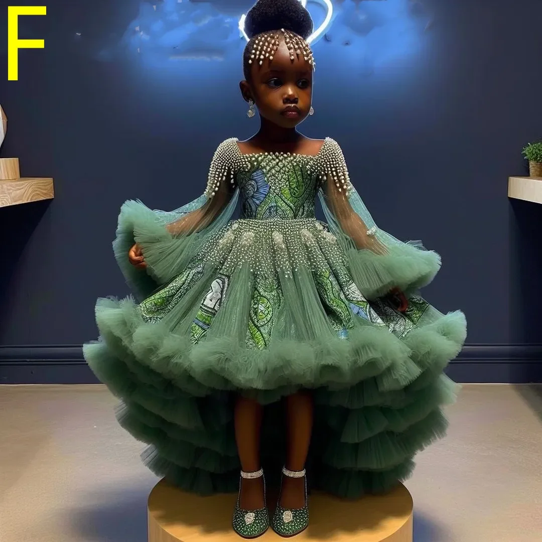2024 Royal Green Printed Flower Girl Dresses Ball Gown Tulle Tiers Pearls Beaded Luxurious Little Girl Christmas Peageant dress