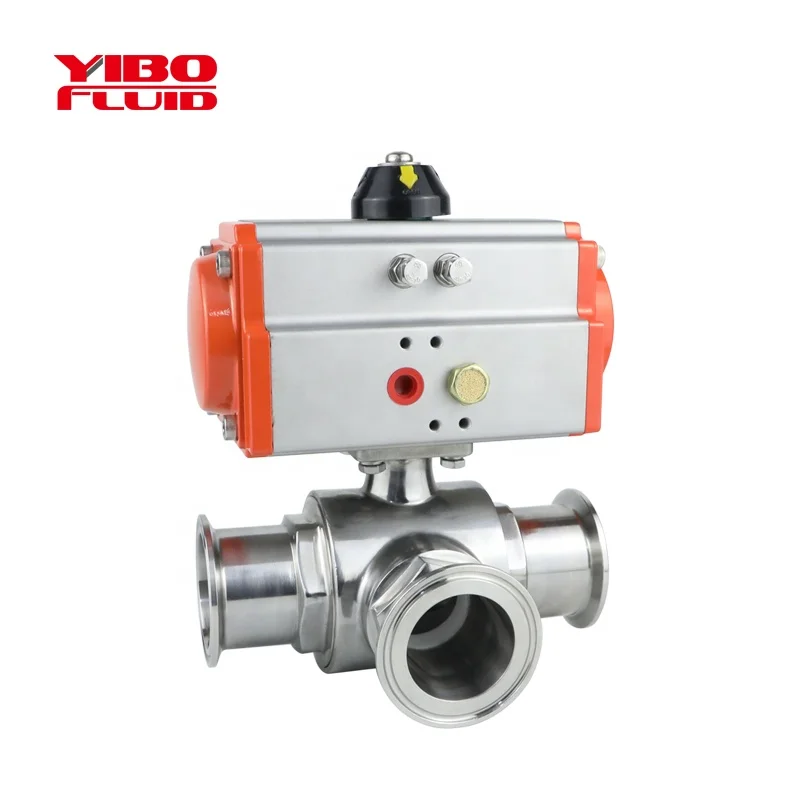 
food grade Sanitary Stainless Steel Pneumatic 3 way clamp Ball Valve With Spring Actuator aluminum pneumatic T way ball valve 