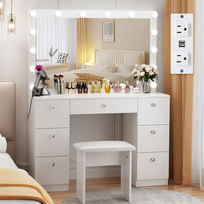 Dressing table with LED illuminated mirror and power socket, makeup vanity set with large drawers,beauty cabinet cosmetic table