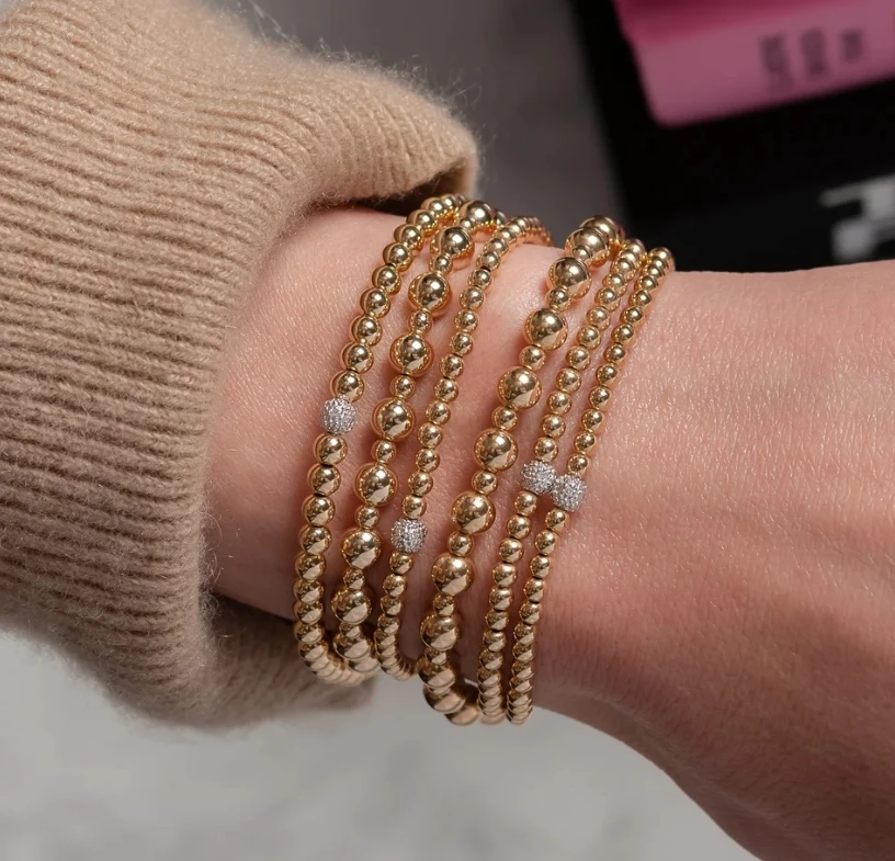 Stainless steel Customized Waterproof No Fade PVD Coating 3mm Gold Segment Bead Bracelet With Diamond Bars