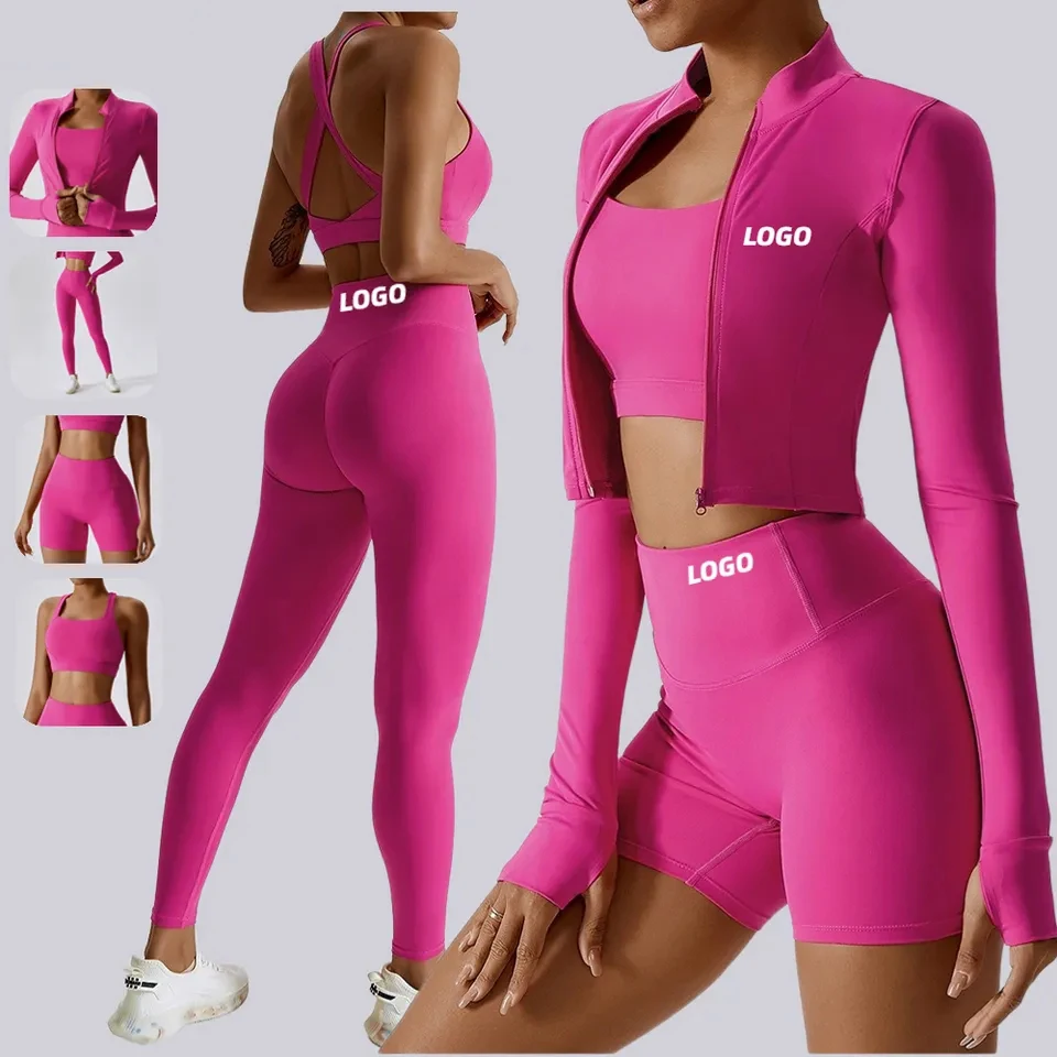 Wholesale Ropa Athleisure Fitness Clothing Women Gym Clothes Kit Sweat Suit Butt Lift Women Long Sleeve 4 Piece Yoga Sets