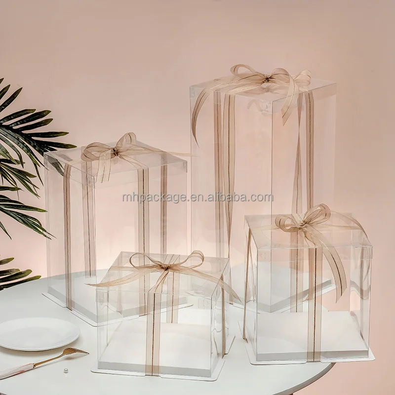 Square Pink Packaging Plastic Birthday Party 4 inch 6 inch 8 inch 10 inch 12 inch Clear Cake Boxes With Ribbon