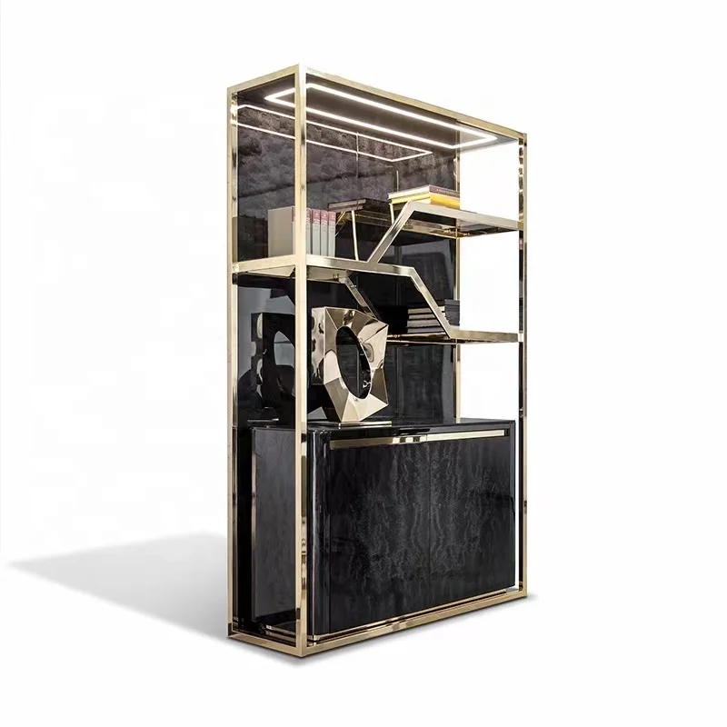Light Luxury Stainless Steel Floor Stand Shelf Living Room Metal Gold Shelf Office Display Bookcase High-end Bookcase Furniture