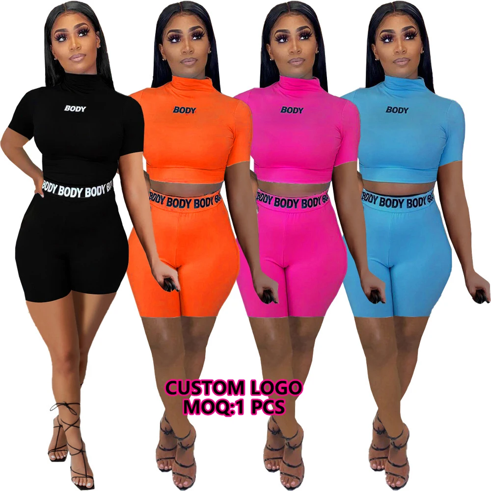 Custom Logo Track Suit Women Solid Color Shirts And Shorts Set Yoga Wear Two Piece Set Athletic Jogger Suit Biker Shorts Outfits