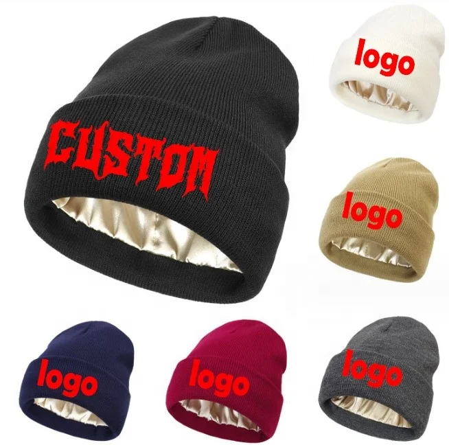 2023 Custom warm knitted silk lined beanie hat Low MOQ Y2K multiple colour Warm jacquard custom satin beanie