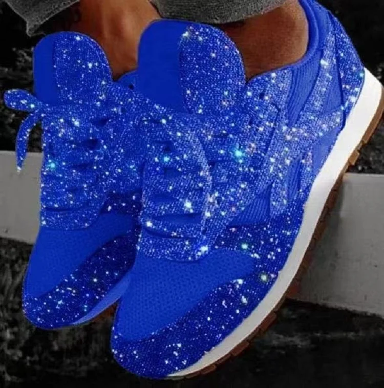 Plus Size Summer Women Flat Shining Sneakers Outdoor Walking Ladies Vulcanized Shoe Mesh Breathable Bling Casual Sport Shoes
