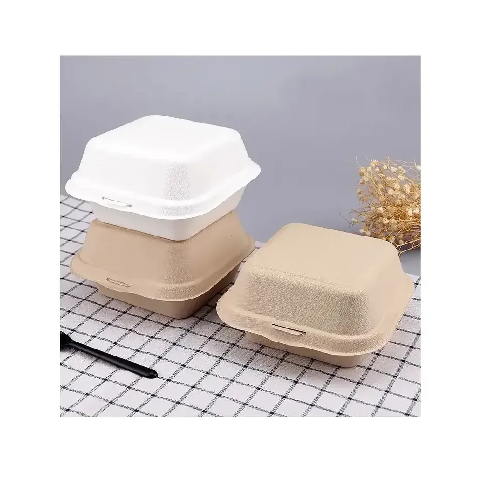 SGP Disposable Lunch Box Take-Out Cake Paper Box Packaging Wholesale Hot Sale Sugar Cane Pulp Burger Box UV Advantage Food