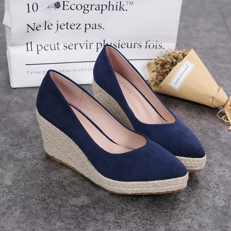 Hot sales pointy toe shoes ladies wedges jute ropes slip on shoes women casual shoes