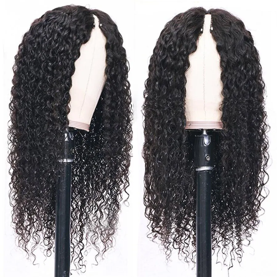 No sew in no glue 150% density 4x1 inch small leave out v part curly wig human hair wigs ready to ship v part human hair wig