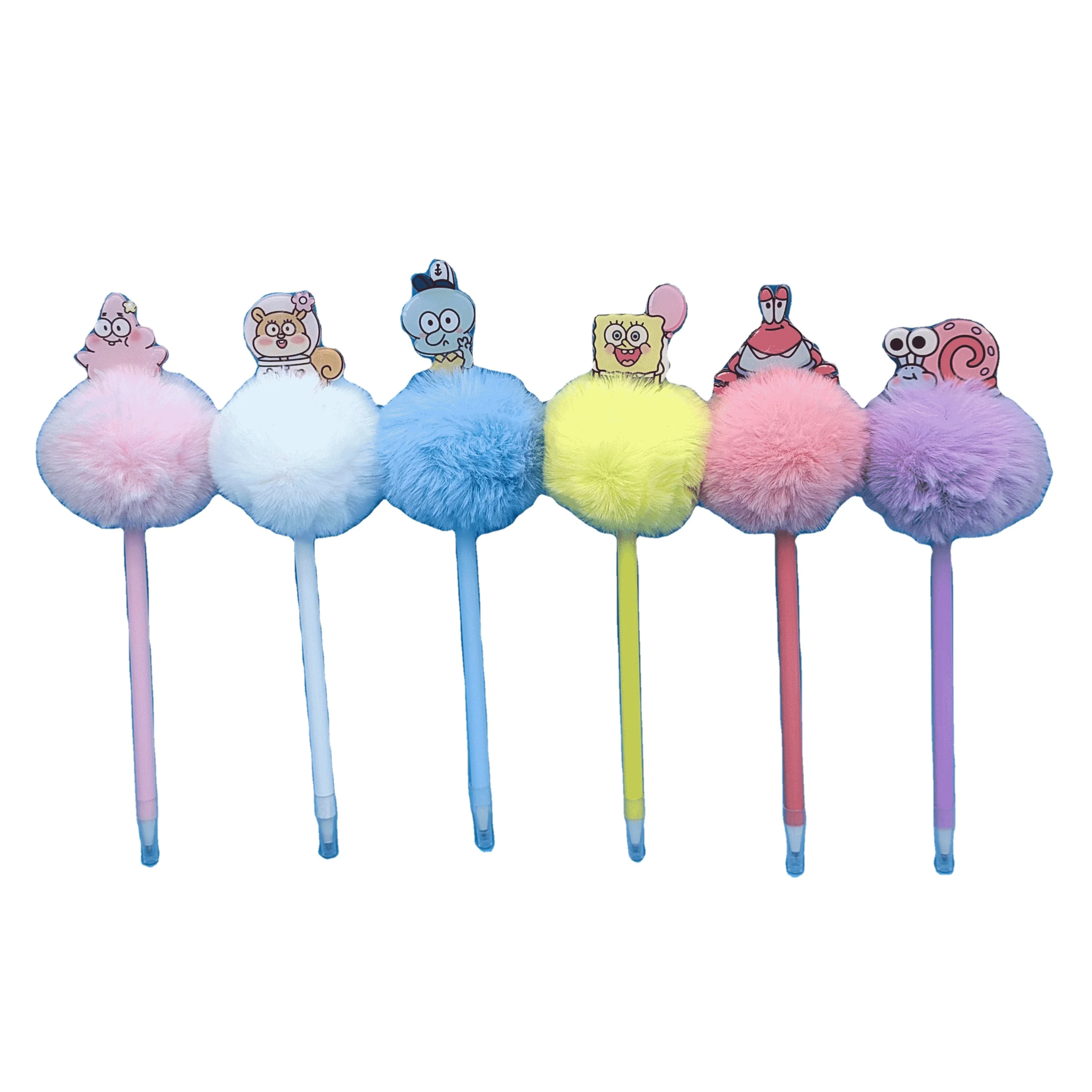 Soododo XDBG0042 Wholesale Promotional Cute Fluffy Plush Thin Ball-Point Pen School Students SpongeBob SquarePants Pens