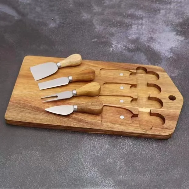 high quality professional acacia wood cutting boards wholesale with 4pcs cheese knife set