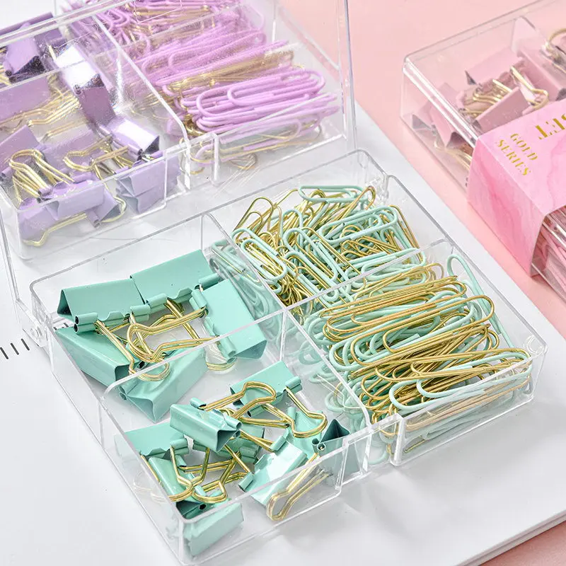 Wholesale Color Paper Clip Stationery Set Customized Box Logo Packing School Office Plastic Color Binder Clips