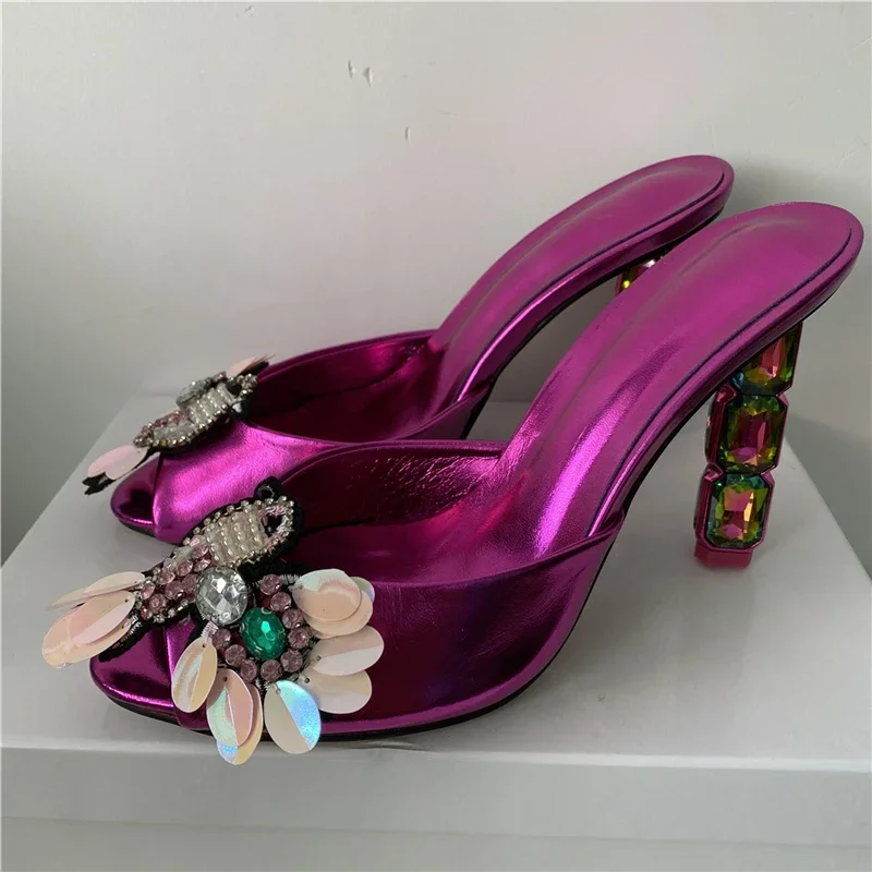 Iridescent Diamond Triangle High Heel Sandals Women Genuine Leather Slingbacks Colorful Rhinestone Flower Summer Mules