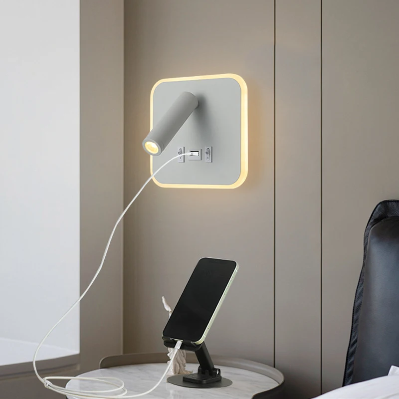 Nordic Minimalist hotel LED reading light On-Off switch USB charging Port bedside wall lamp