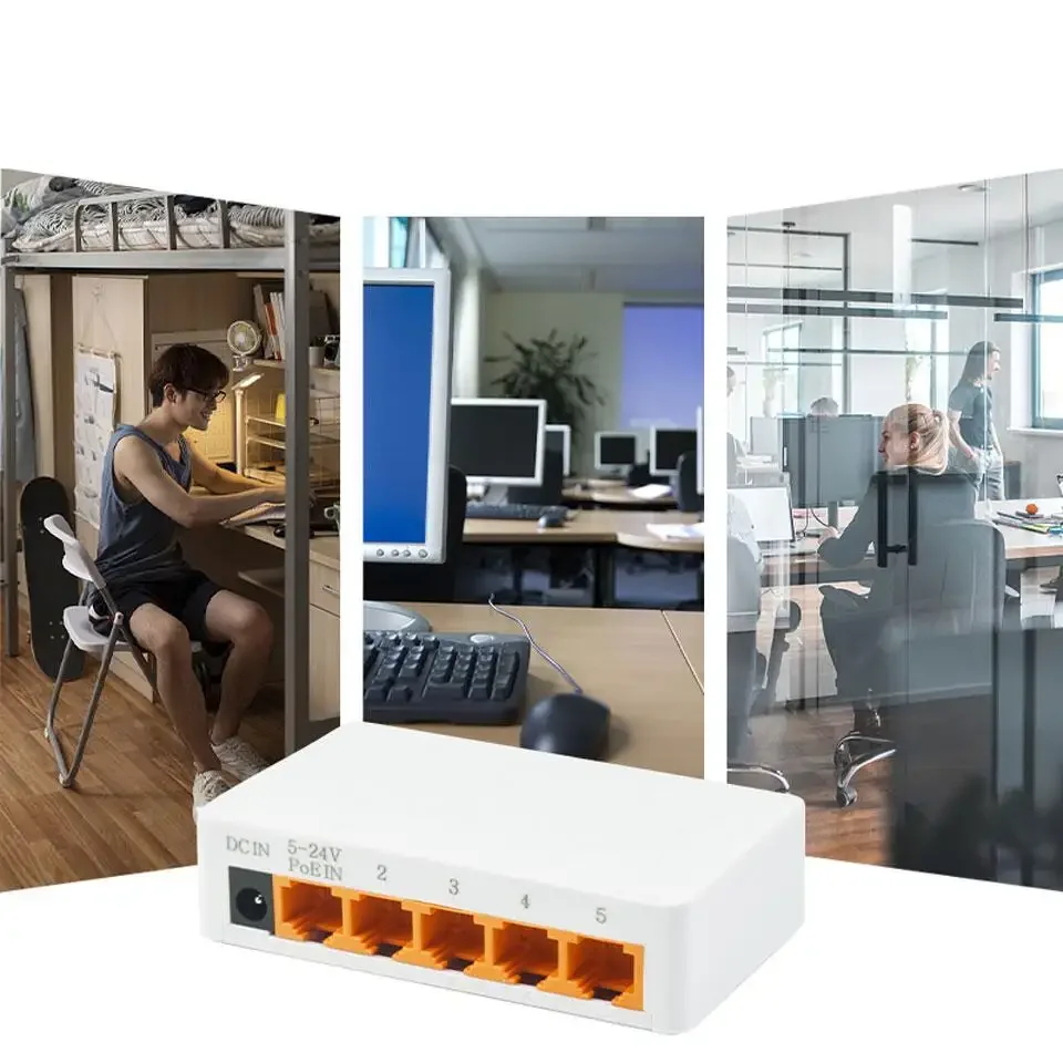 OEM ODM KuWFi 100m wifi range network switches poe 12v 24v desk network 5port 1000Mbps network switch for indoor use