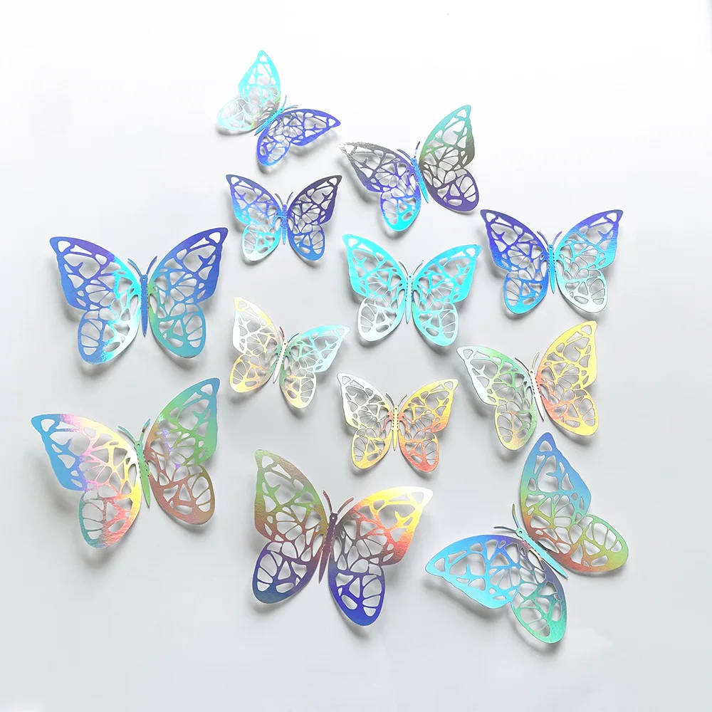 12pcs 3D three-dimensional colorful silver butterfly stickers wedding festival party balloon decoration wall stickers