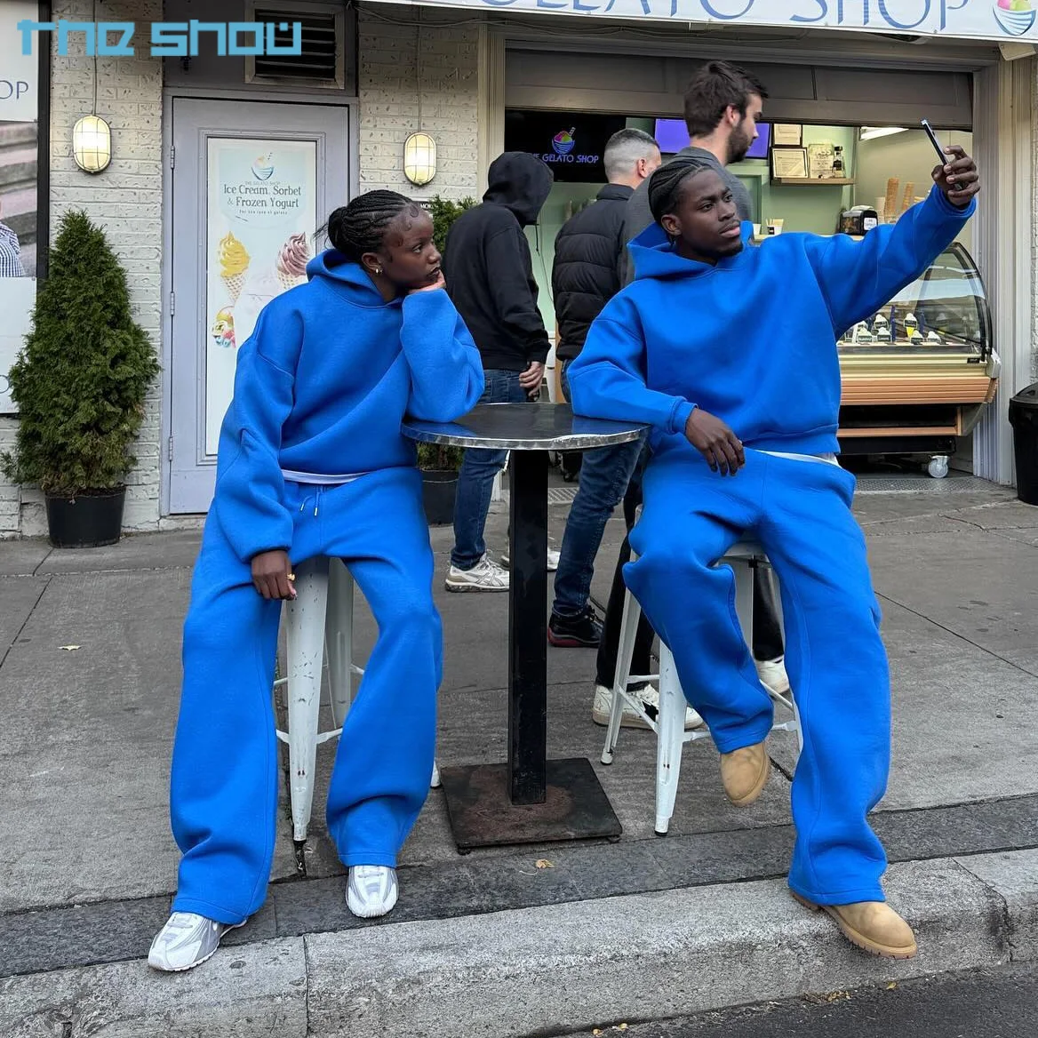 Wholesale High Quality Custom 2 piece set 500 GSM 100% Cotton Baggy Fleece Oversized Hoodies Jogger Set Tracksuit Sweatsuit Men