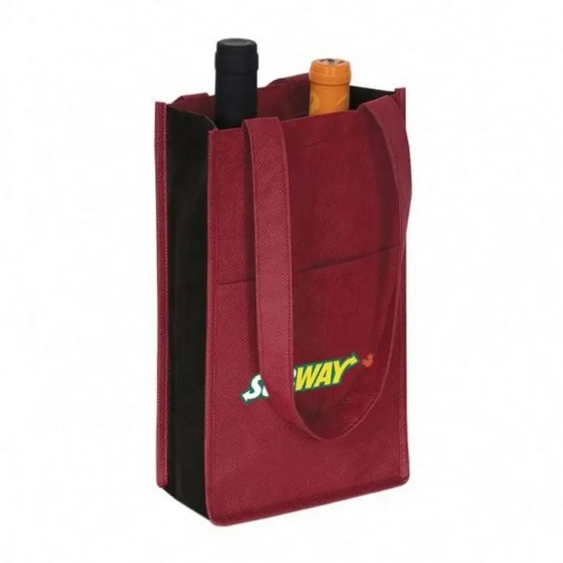China Factory Ecological Recycled 2 Bottle PP Non Woven Wine Gift Bags With Costom Logo Printing
