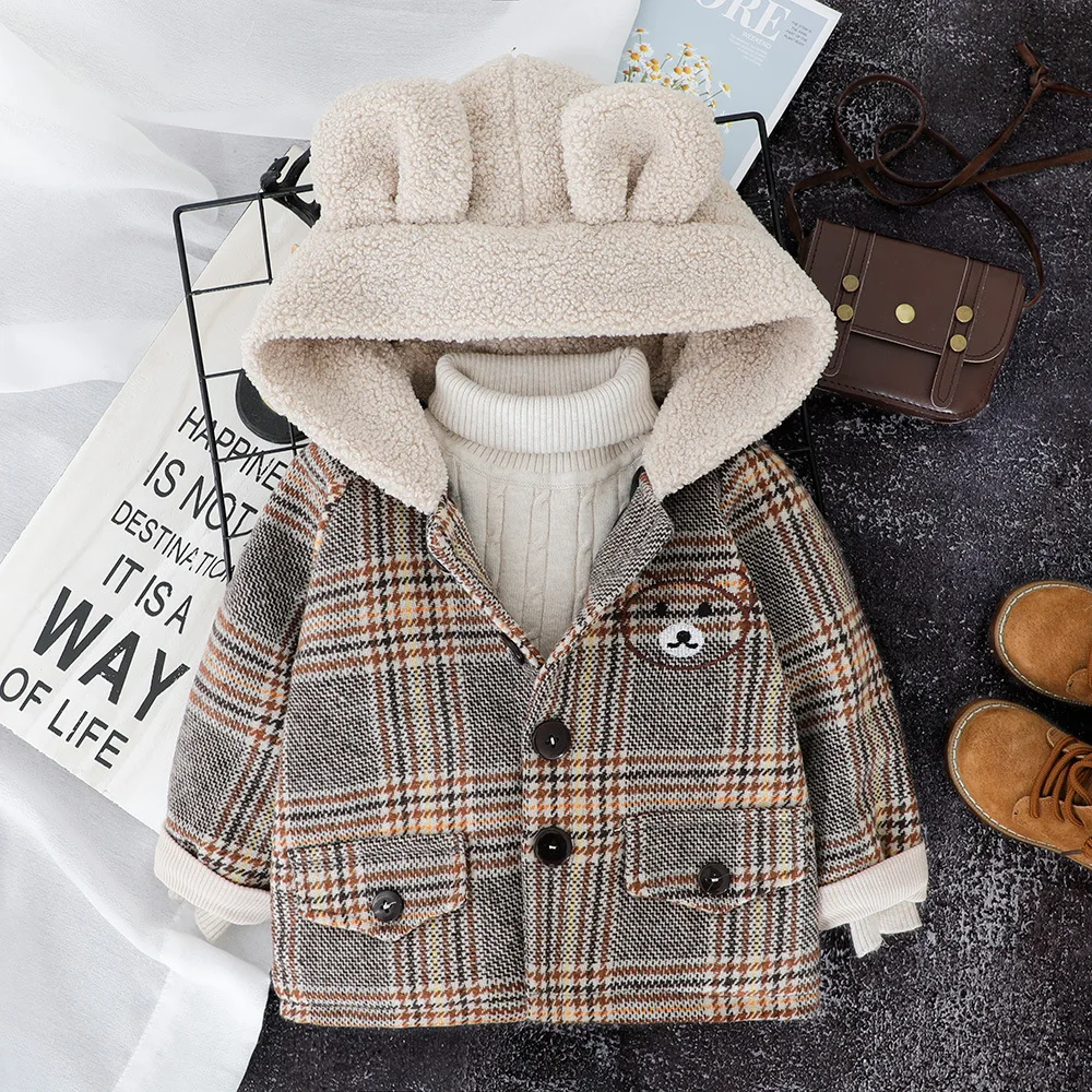 
Fashion toddler boy thick plaid winter outerwear baby coat with fleece hat 