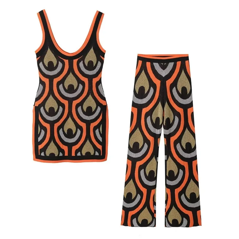 New Arrival Knit Outfit Printed Sleeveless Mini Dress And Pants 2 Piece Sets For Women