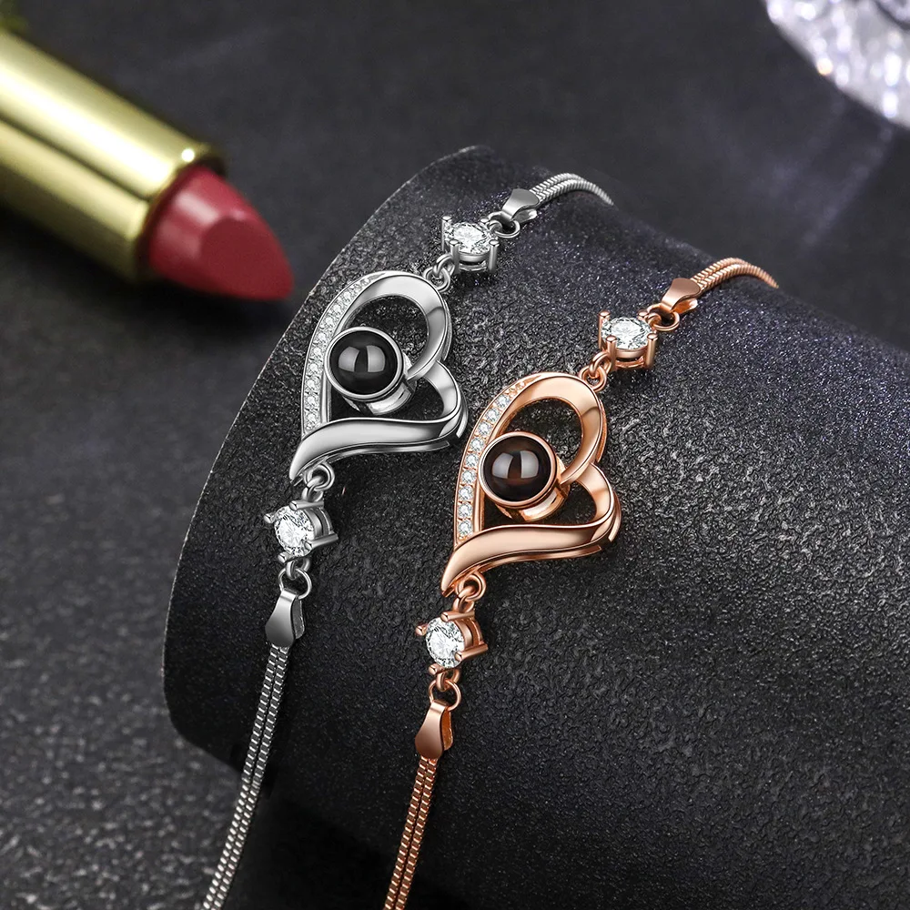 DAIHE 925 Sterling Silver I Love You 100 Language Bracelet Heart Charm Zircon Custom Photo Projection Bracelet