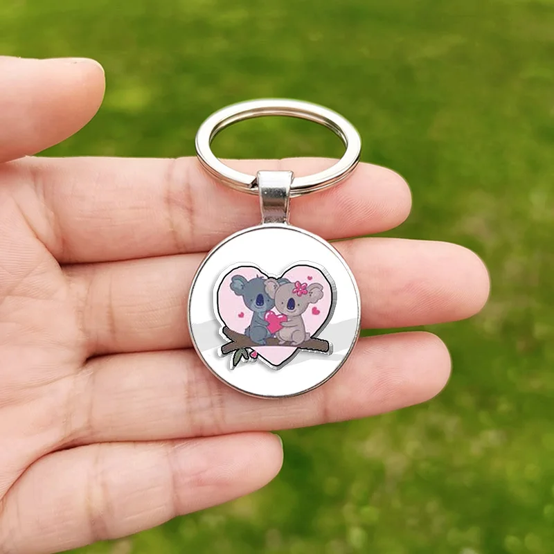 Cartoon Koala Keychain for Women Children Lovely Animal Heart Photo Glass Cabochon Pendant Metal Key Ring Chains Christmas Gift
