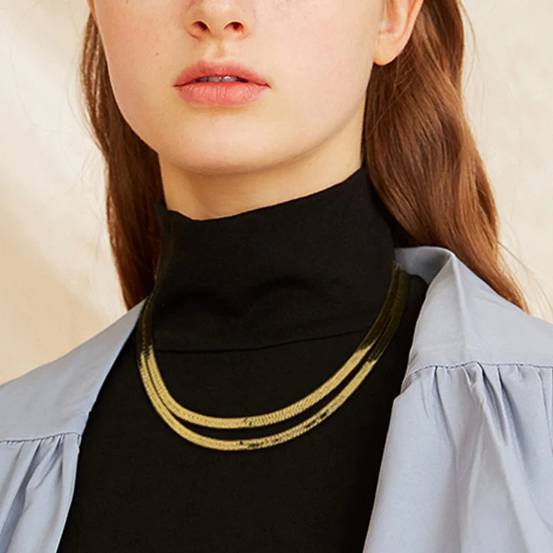 2020 new design brass Flexible Flat Herringbone Chain Necklace Men Women 2 row snake Chain Necklace