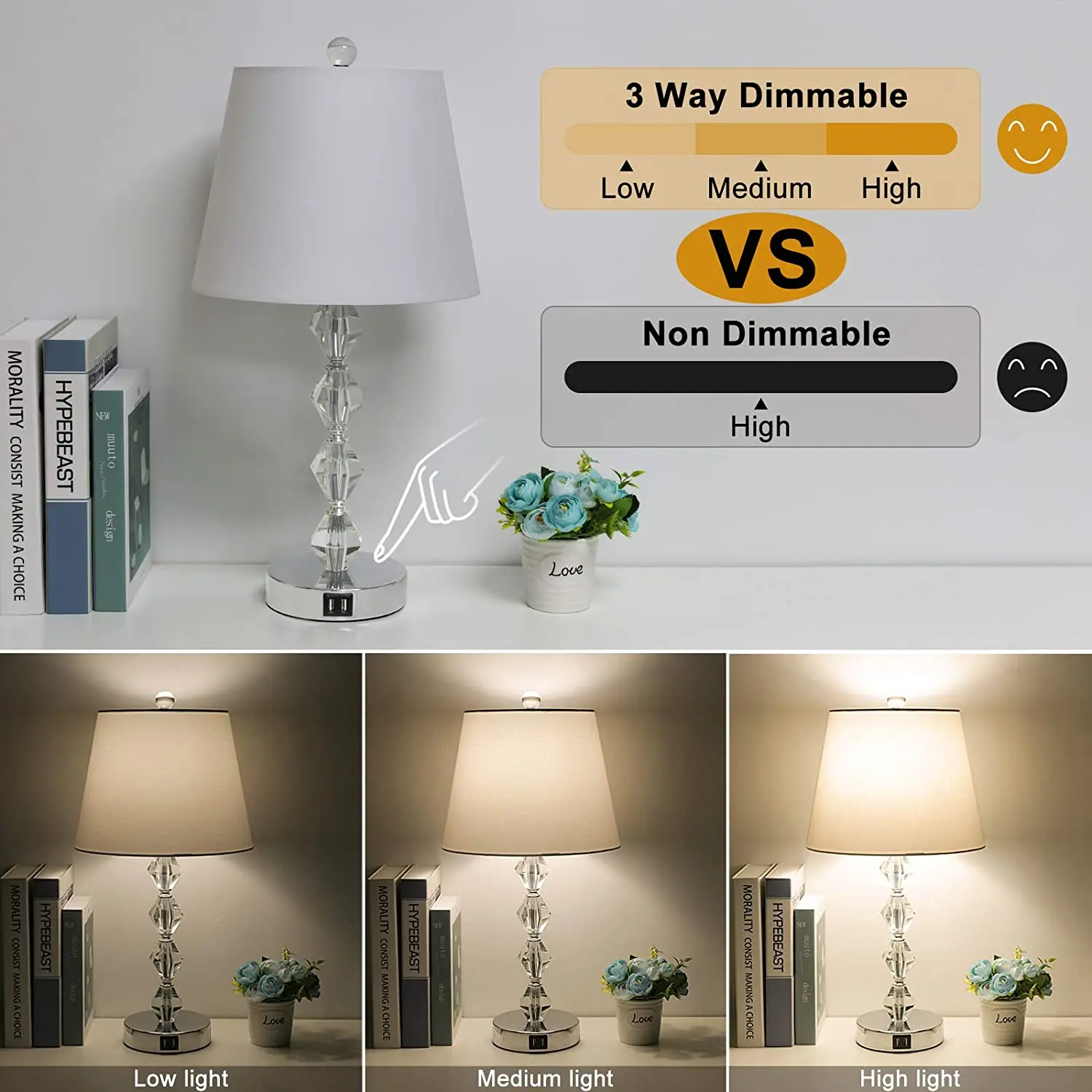 Touch Control Crystal Table Lamp 3 Way Dimmable Bedside Lamp with 2 USB Charging Ports