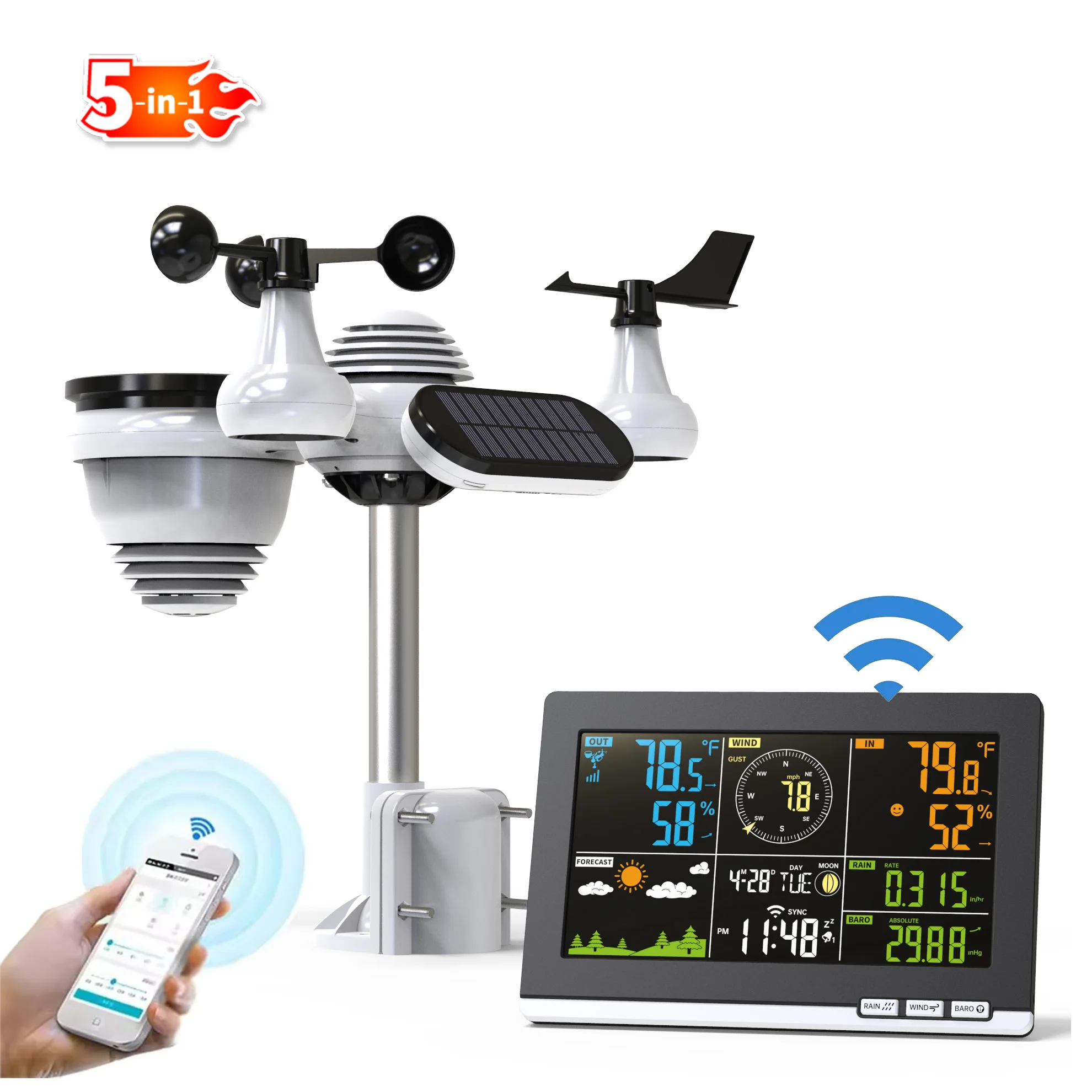 2024 New WiFi Weather forecast With Rain Gauge Wind Speed  UV  Light Intensity  5 in 1 Professional smart digital clock