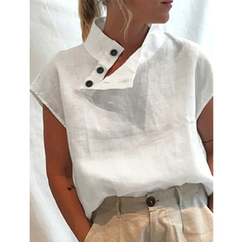 Women Blouses Fashion Short Sleeve Elegant Cotton Linen White Shirt Summer Casual Oversized Chic Tunic Blouse