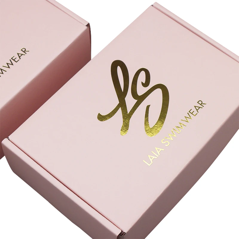 Custom size pink printed logo two-sided gold stamping 3-ply corrugated clothing swimwear paper packaging box