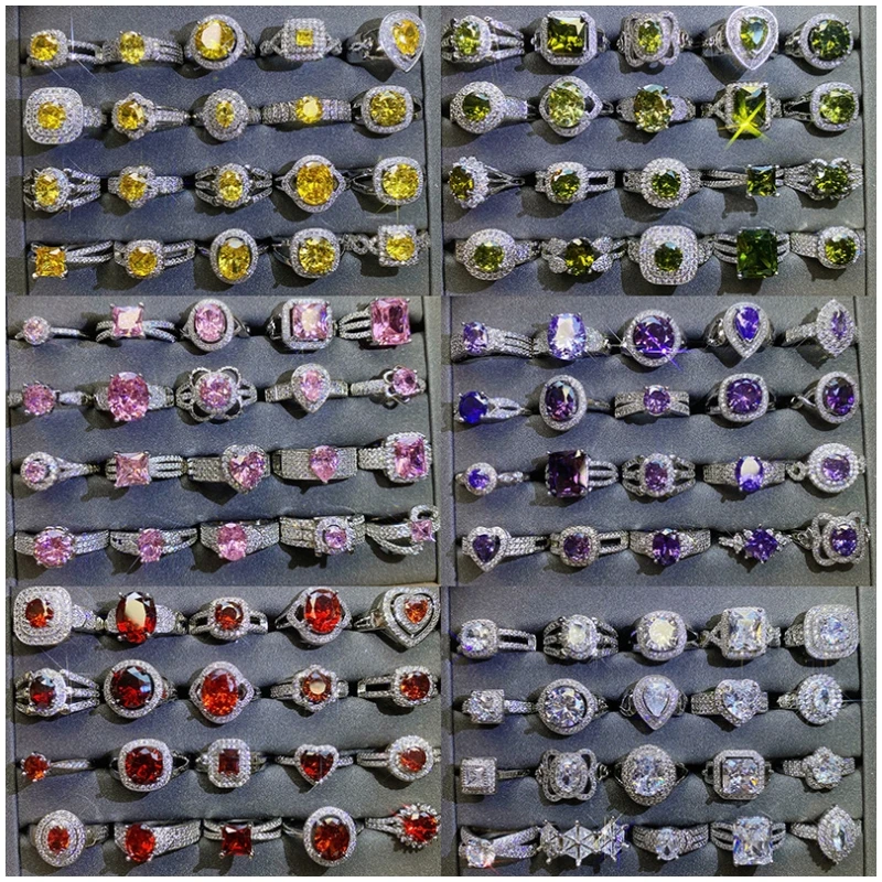 Luxury Fashion Gold Plated Colorful Gemstone round square Ring Statement Micro Inlaid Zircon CZ diamond Engagement Ring Jewelry