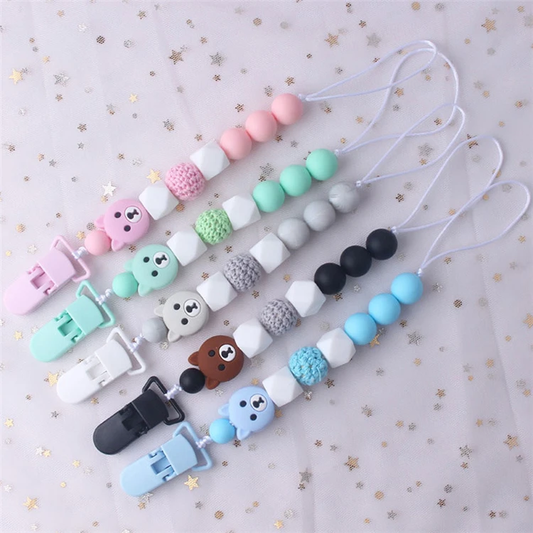 Amazon Hot 5 Colors Baby Pacifier Clip Chain Food Grade Silicone Wooden Dummy Clip Baby Soother Clip Holder