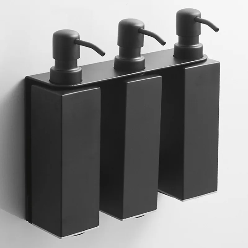 Wall Mount Black stainless steel Chamber Soap Dispenser Shower Gel Shampoo Conditioner with 3x220ml Refillable Bottles