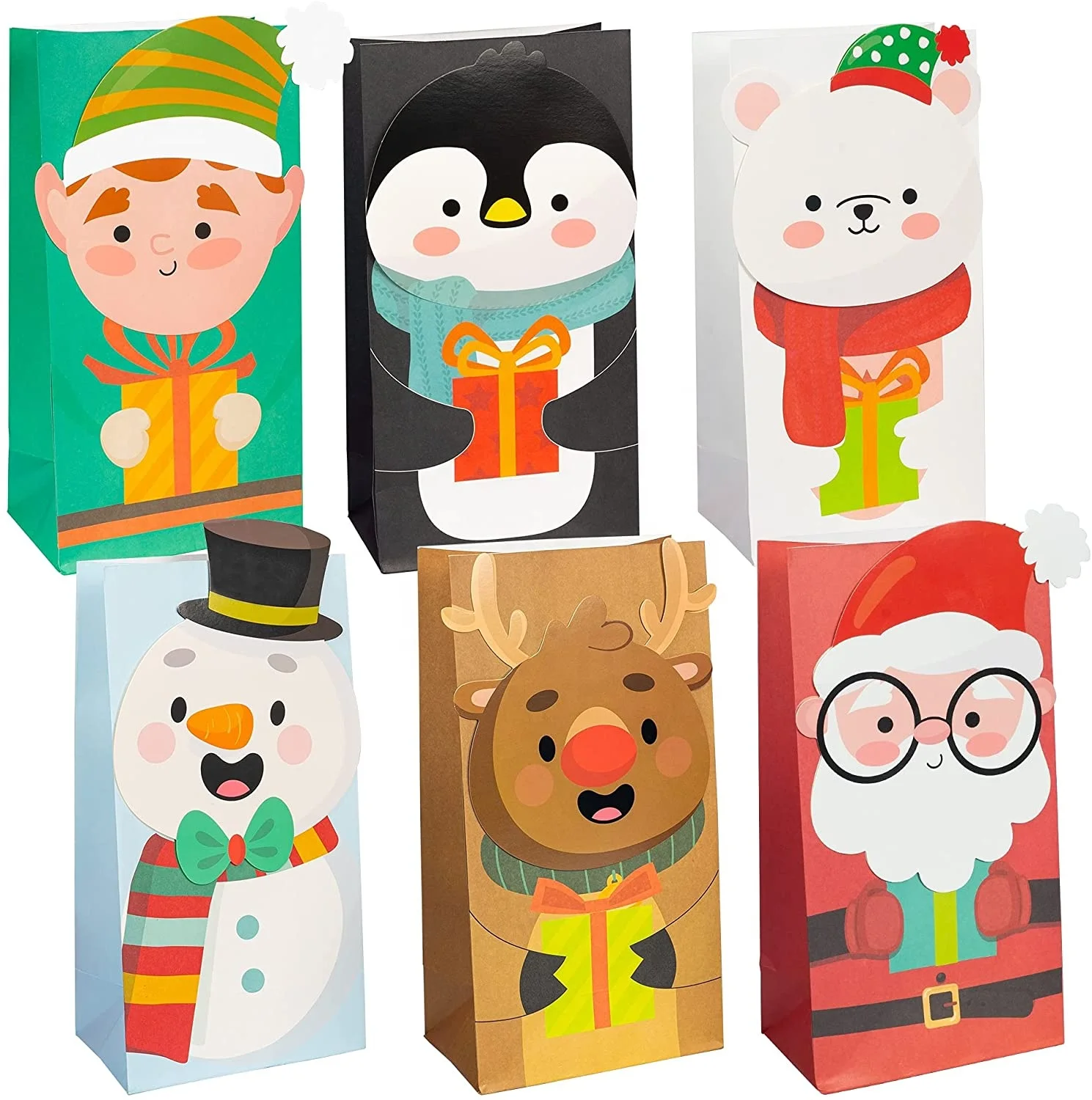 Custom printing Cartoon pattern Christmas Holiday Goody Treat Kraft Gift Paper Bags for Classrooms Candy Party Favors Wrapping