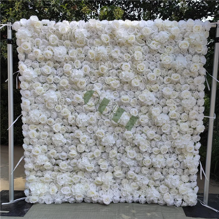 O-0913 OULI Flower Wall Hot White Selling Rose Hydrangea Artificial Silk Roll Up Flowers Wall