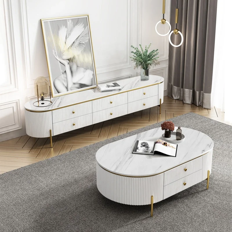 Modern minimalist design marble top living room center table 1.4m coffee table with 4 drawers slate top oval coffee table