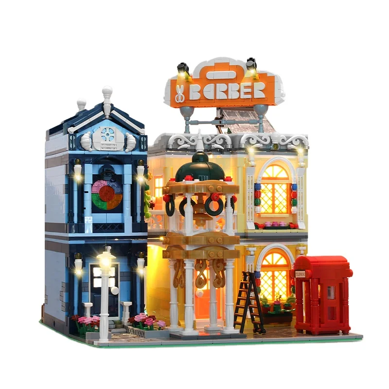 MouldKing MOC Street View 2267PCS The Barber Shop In Town Model With Light City Building Blocks Toys