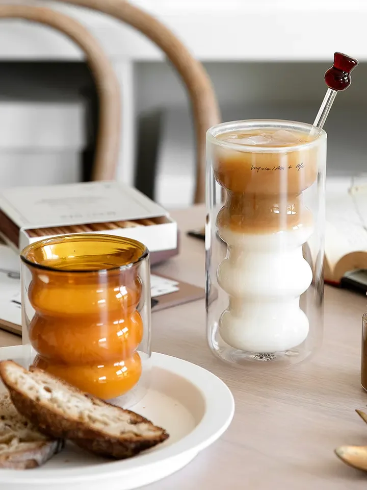Wholesale Restaurant Glassware Glass Cup, Modern Double Ice Cream Cup,Coffee Cup Tumbler Cups in Bulk