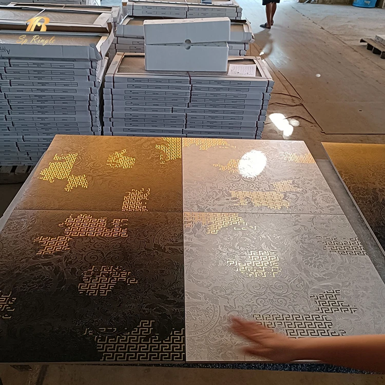 Gold inlay flower black wood look porcelain tile floor anti slip matte house interior retro design art tile for living room